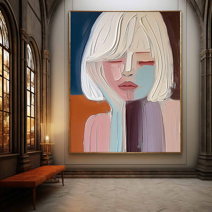 Large Pretty Girl Abstract Wall Art Colorful Pretty Lady Textured Painting Beautiful Girl Canvas Art
