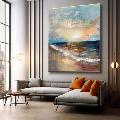 Sunrise Seascape Texture Painting Sunrise Landscape Abstract Canvas Texture Wall Art Decor