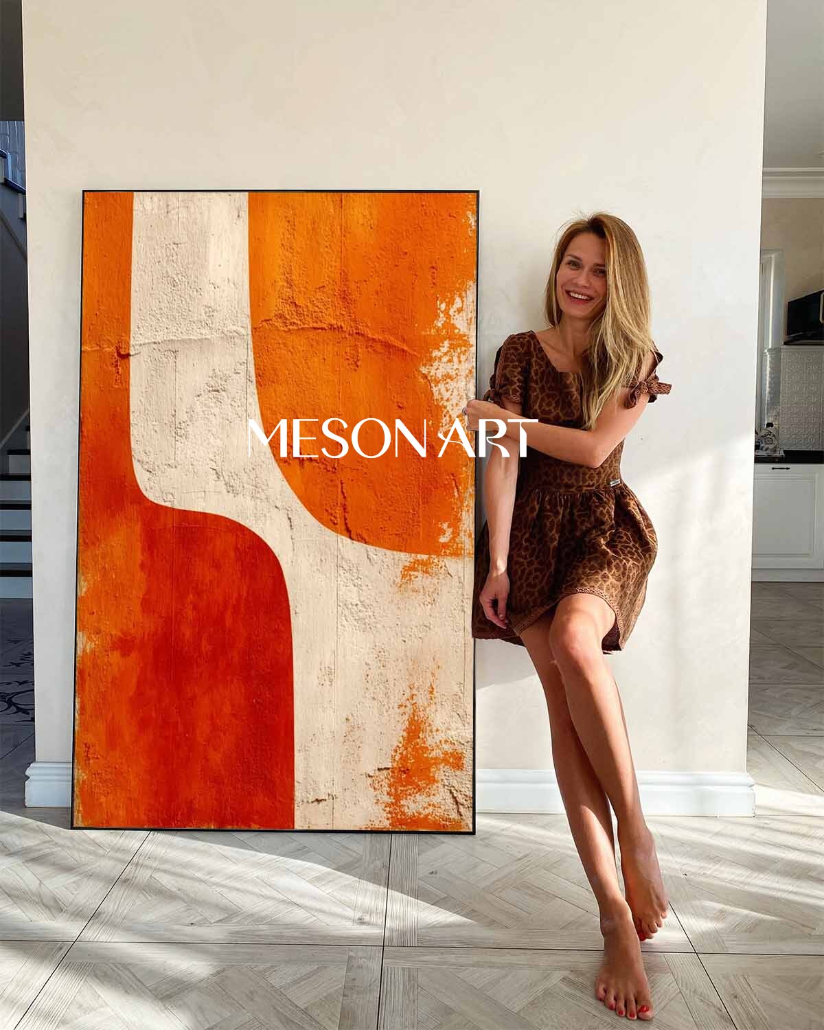 Large Abstract Canvas Wall Art Modern Minimalist Geometric Orange and Beige