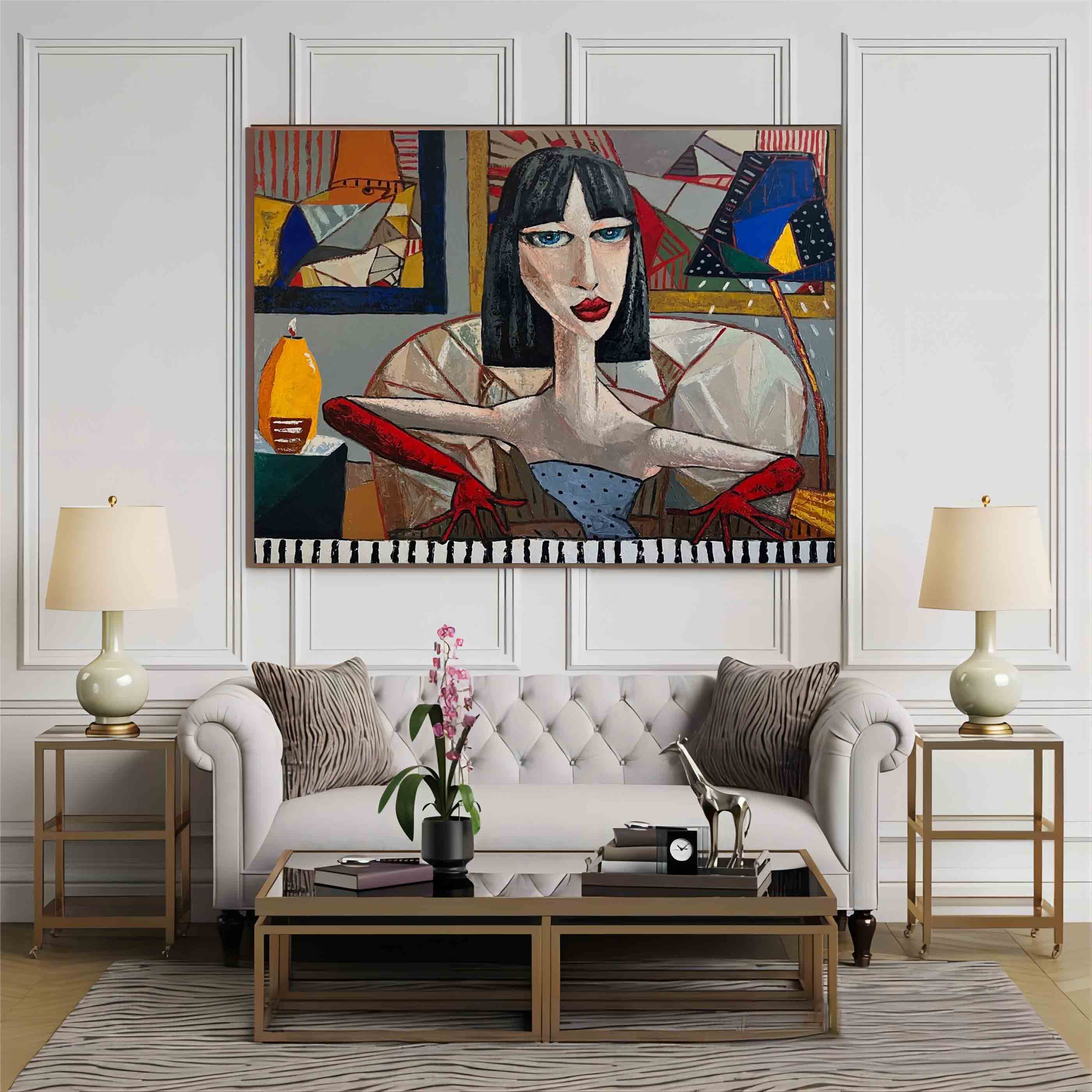 Trendy black short haired girl pop art canvas. Pretty girl pop art wall art. Lady pop art portrait
