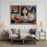 Trendy black short haired girl pop art canvas. Pretty girl pop art wall art. Lady pop art portrait
