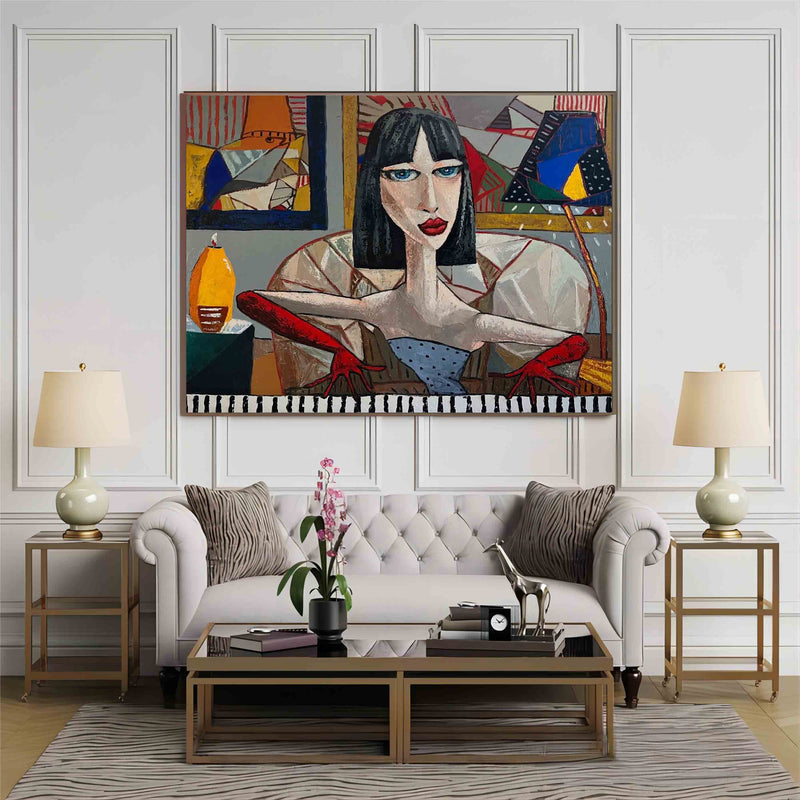 Trendy black short haired girl pop art canvas. Pretty girl pop art wall art. Lady pop art portrait