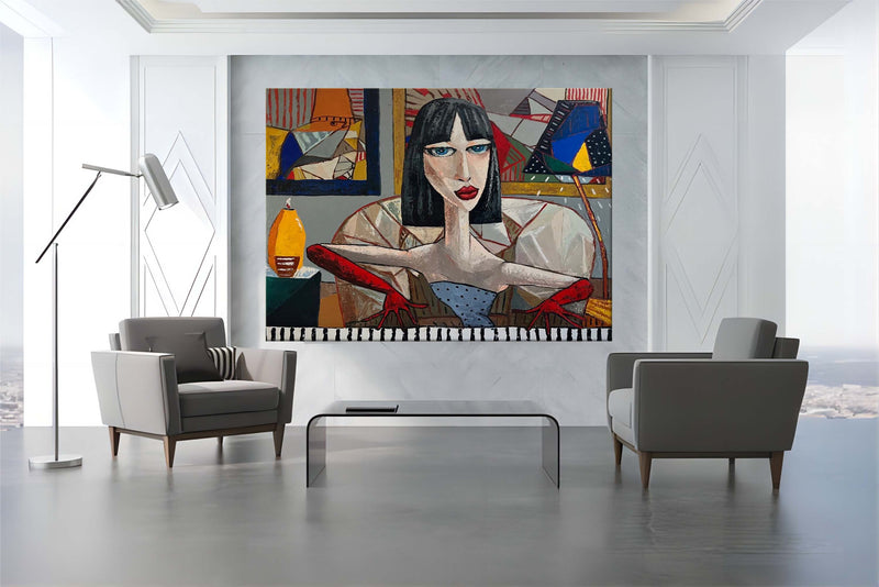 Trendy black short haired girl pop art canvas. Pretty girl pop art wall art. Lady pop art portrait