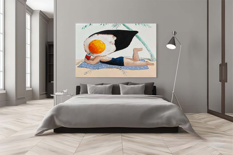 Funny Egg Yolk Man Oil Painting Abstract Man Art on Canvas Abstract Man Sunbathing Wall Art