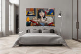 Trendy black short haired girl pop art canvas. Pretty girl pop art wall art. Lady pop art portrait