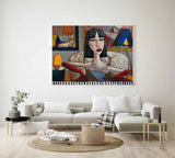 Trendy black short haired girl pop art canvas. Pretty girl pop art wall art. Lady pop art portrait