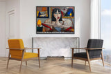 Trendy black short haired girl pop art canvas. Pretty girl pop art wall art. Lady pop art portrait
