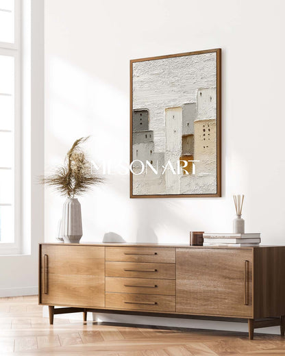 Large 3D City Texture Painting Cream Minimalist City Abstract Canvas Art Urban Minimalist Wall Art