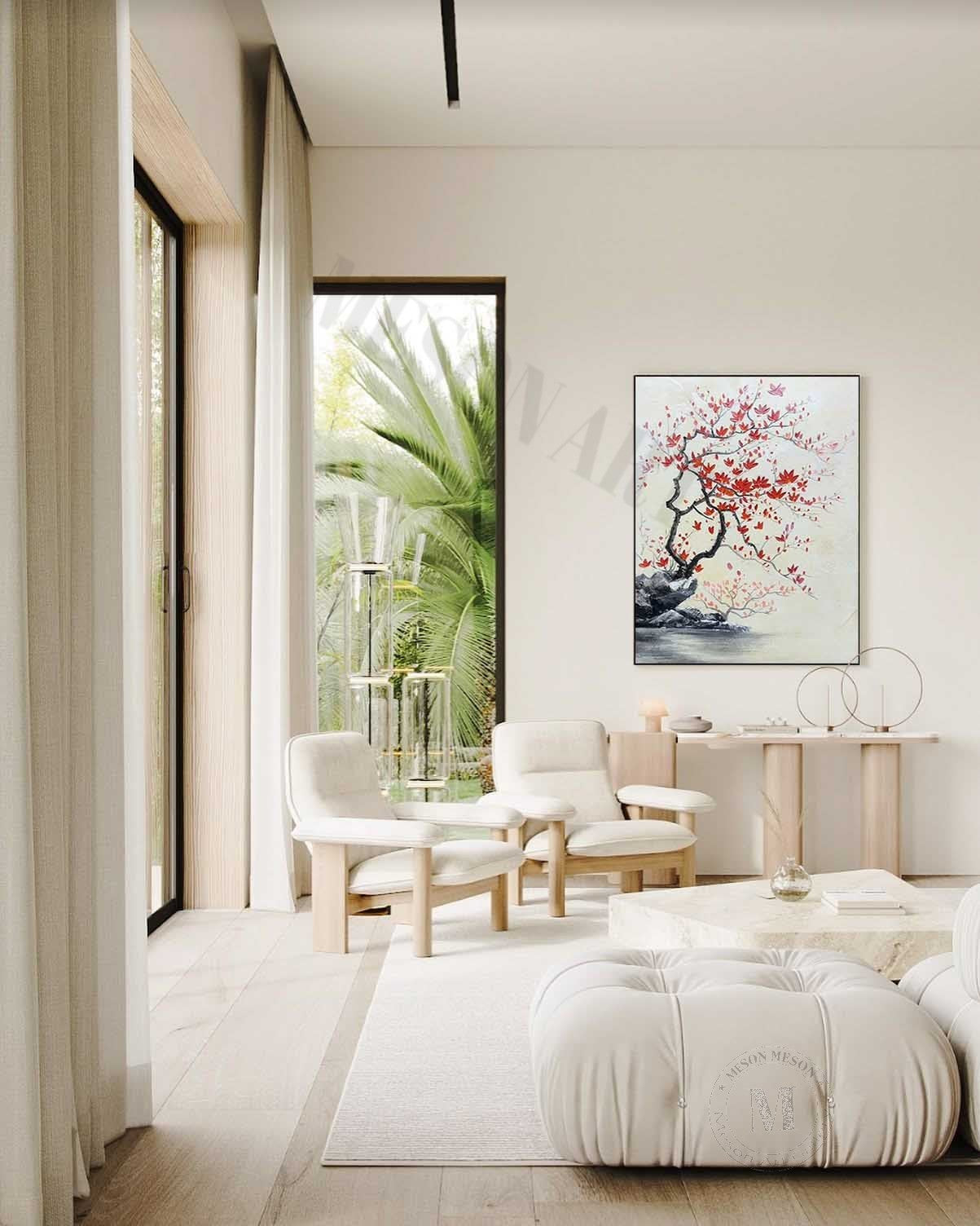 Red Flower Texture Painting Wabi-Sabi Wall Art Japanese Flower Painting on Canvas