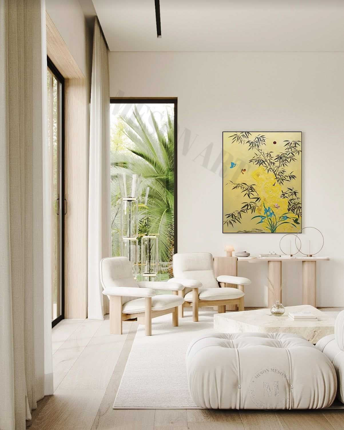 Beige and Yellow Texture Painting Green Bamboo Art Canvas Bamboo Decorative Wall Painting