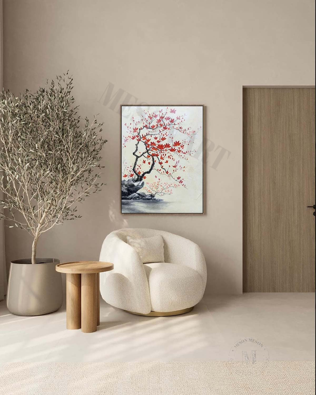 Red Flower Texture Painting Wabi-Sabi Wall Art Japanese Flower Painting on Canvas