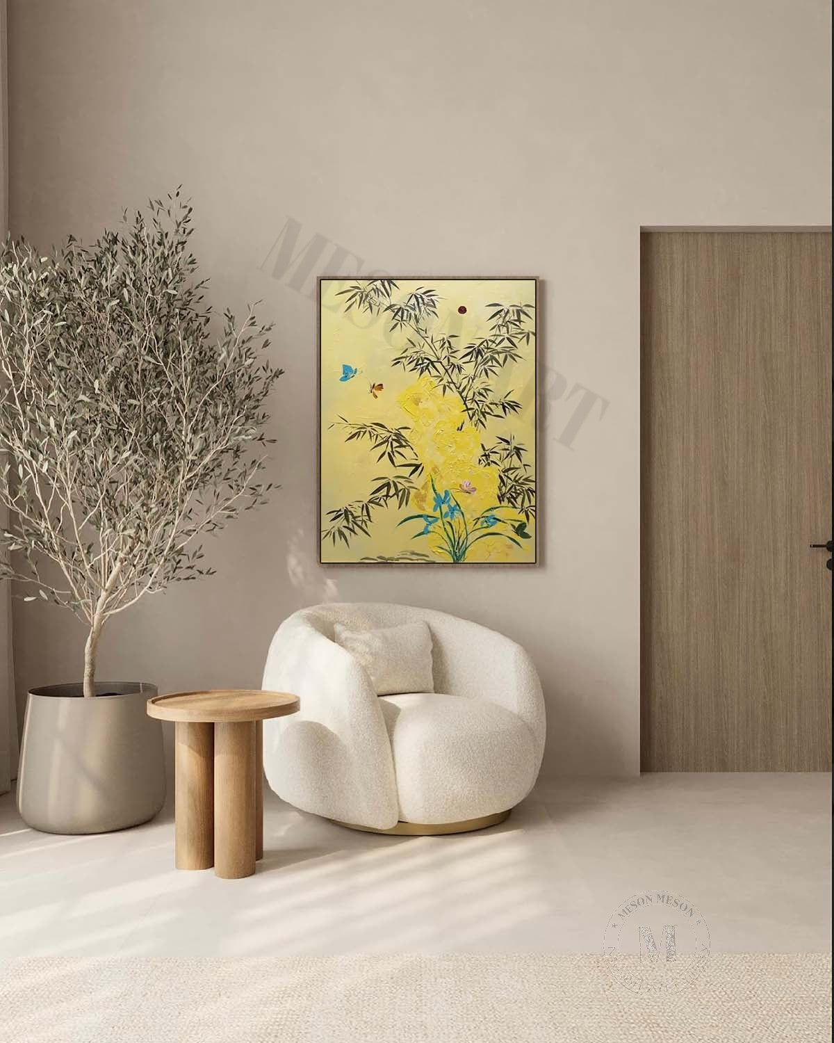 Beige and Yellow Texture Painting Green Bamboo Art Canvas Bamboo Decorative Wall Painting