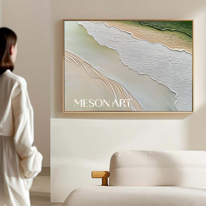 Green Beige Impasto Wave and Beach Textured Large Canvas Oil Painting