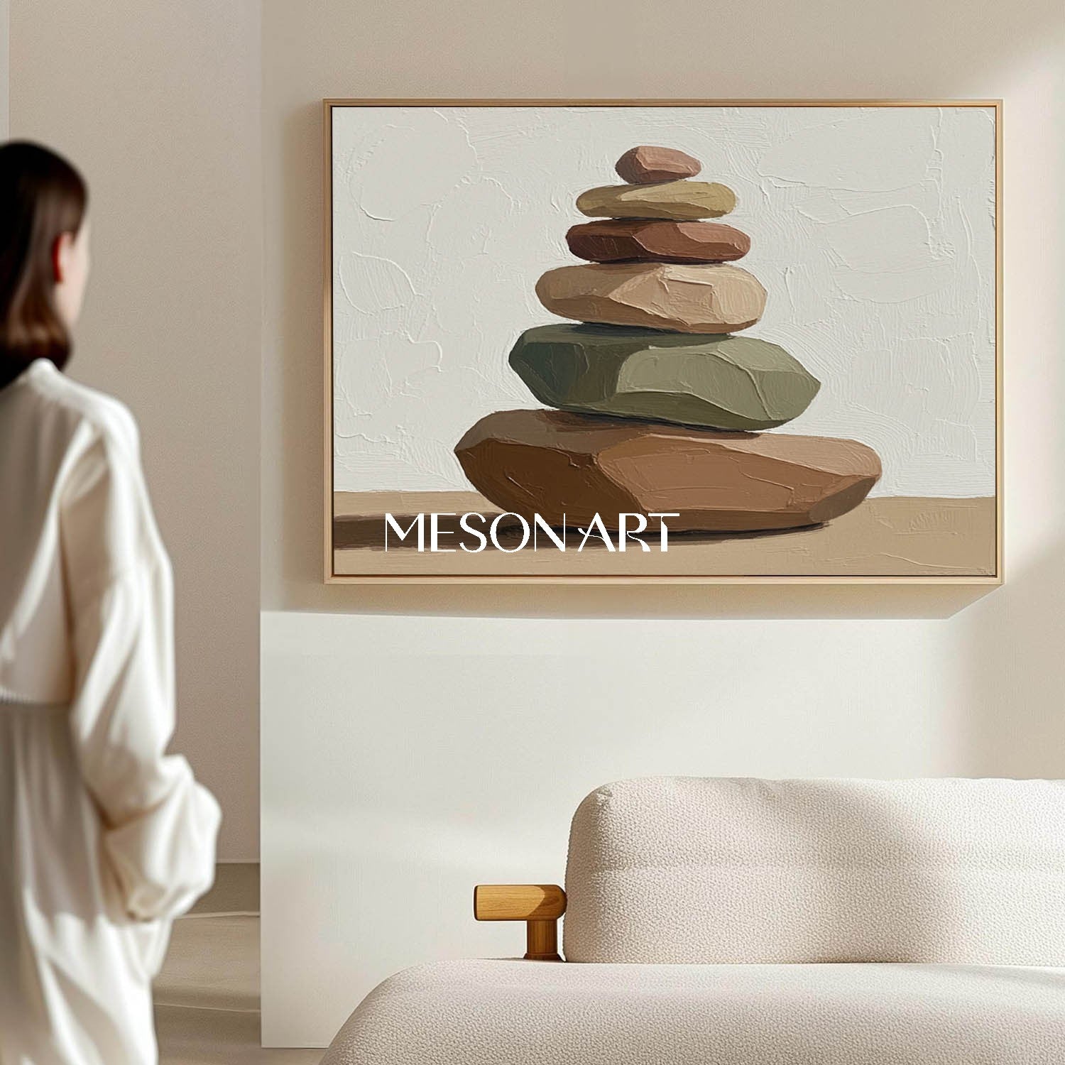 Wabi Sabi Inspired Rock Painting Beige Green for Entryway Neutral Tone