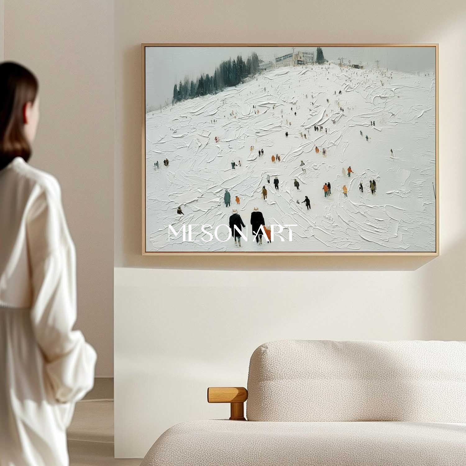 White Grey Impasto Snowscape Ski Resort Abstract Textured Painting Art