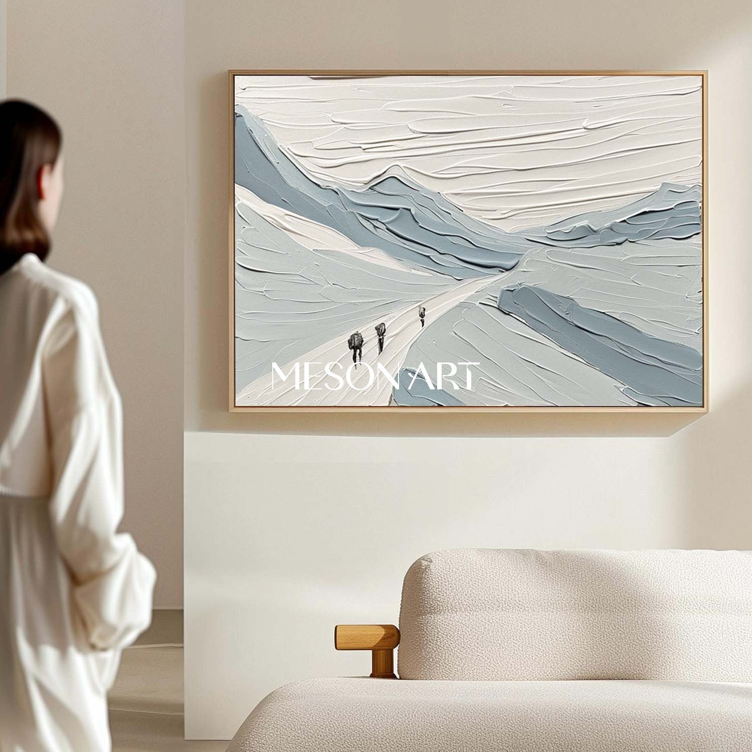 White Blue Impasto Art Abstract Snow Canvas Living Room Wall Decor