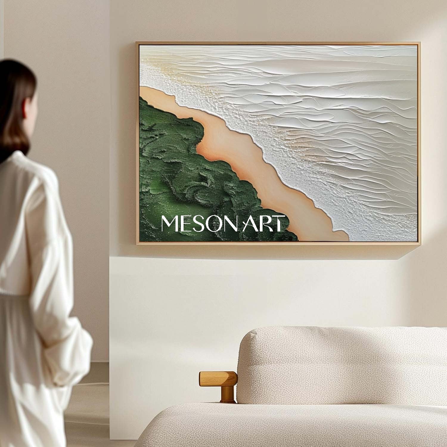 Contemporary Coastal Decor Green Beige Textured Wave Canvas Wall Art