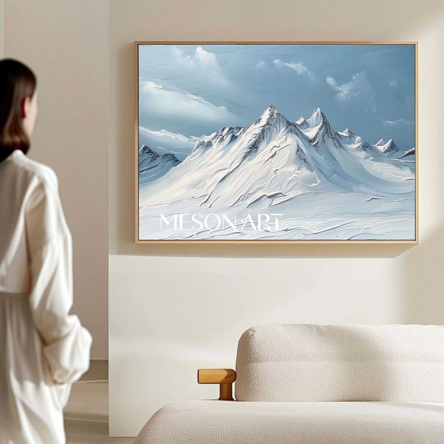 White Blue Impasto Snow Mountain Landscape Abstract Painting Lobby Art