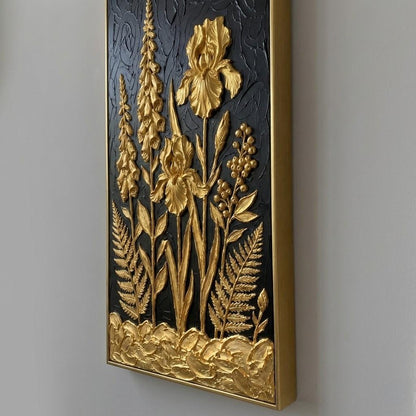 3D Textured Foxglove Iris And Fern Wall Art, Luxury Dark Forest Decor For Entryway