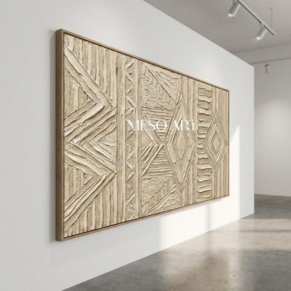 Panoramic Beige Tribal Geometric Art | 3D Textured Relief Decor