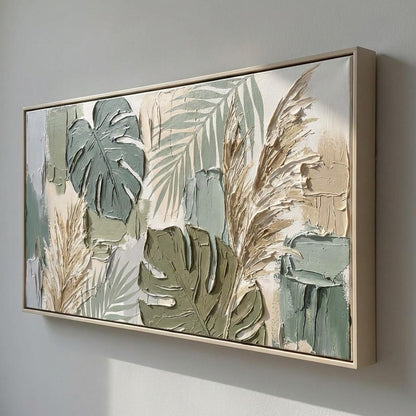 Large Panoramic Boho Art 3D Textured Monstera Art Green Canvas Painting