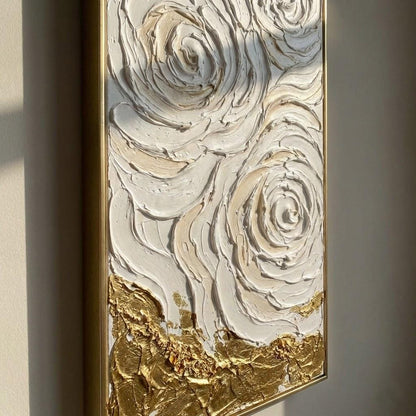 Vertical 3D White Rose Canvas Art | Gold Foil Plaster Wall Decor