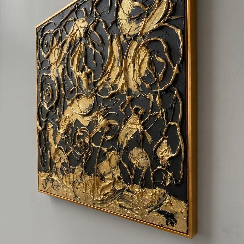 Black And Gold Abstract Line Art Rose | 3D Wire Texture Decor