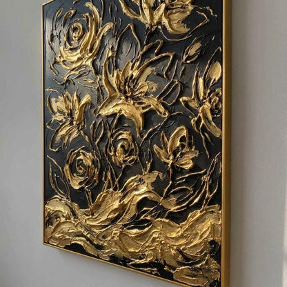 Vertical Black And Gold Abstract Floral Art | 3D Abstract Floral Decor
