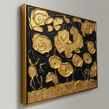 Black And Gold 3D Textured Flower Art | Luxury Canvas Painting