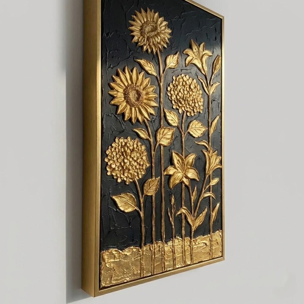 Vertical Black And Gold Sunflower Canvas Art | 3D Hydrangea Decor