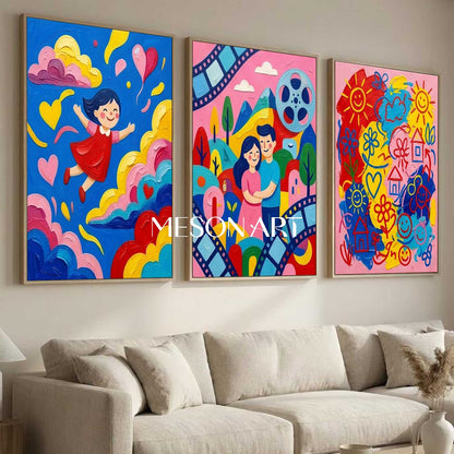 Original Kids Triptych Wall Art Modern Pop Art Canvas Set Colorful Contemporary Family Artwork