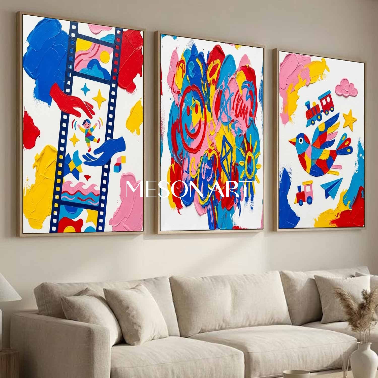 Original Kids Wall Art Set of 3 Modern Pop Art Canvas Colorful Contemporary Triptych