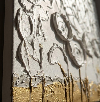 3D Textured White Rose Canvas Art | Gold Foil Plaster Painting
