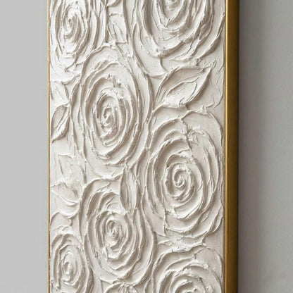 Vertical Gold Framed 3D White Rose Paintings Abstract Textured Wall Decor