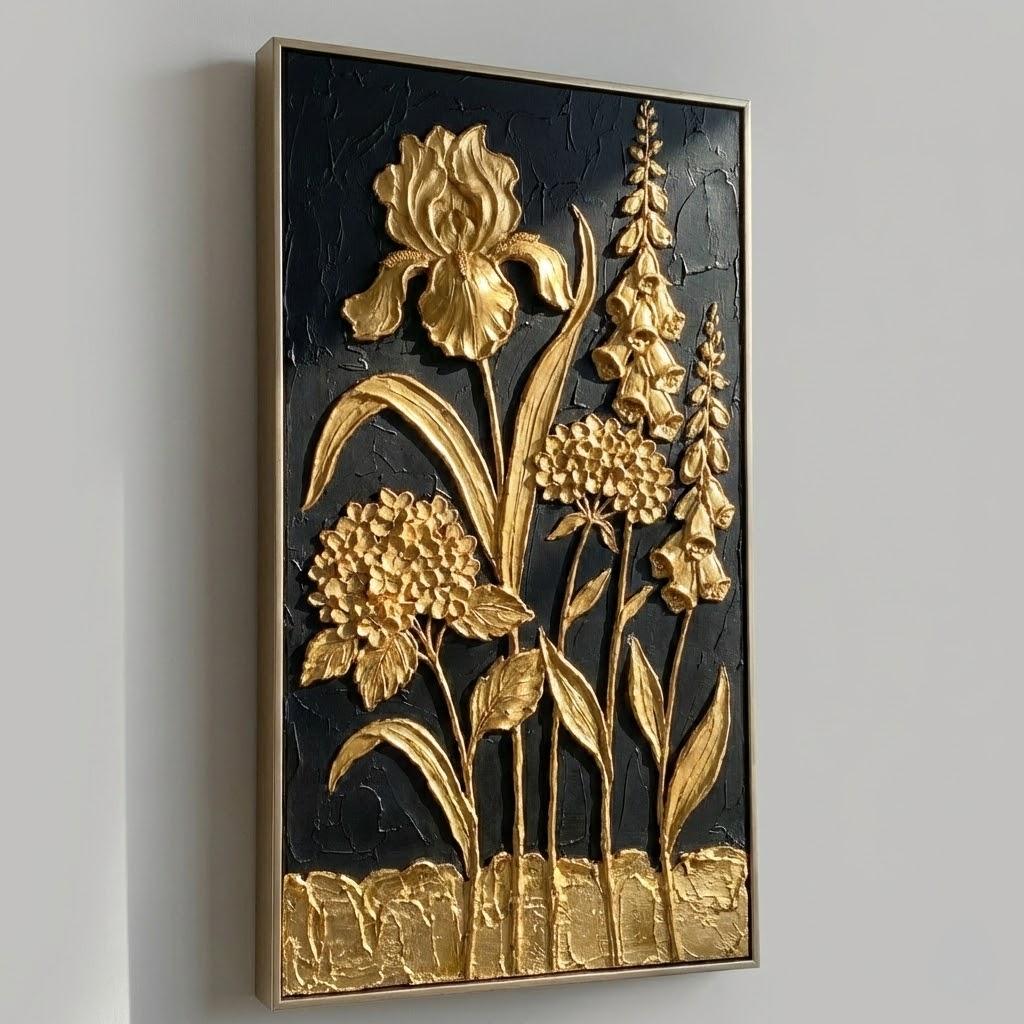 Bradley Jackson 花と金のあしらいのパネルアート 黒と金の3Dボタニカルキャンバスアート｜アイリスとアジサイのレリーフ