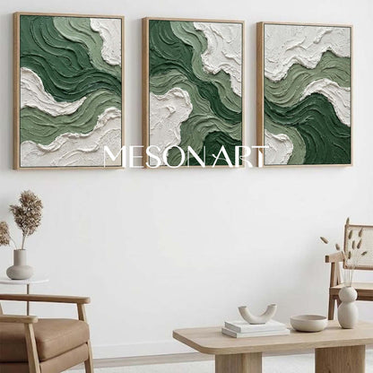 3D Green Sea Abstract Texture Painting 3-Piece Set Living Room Wall Art Decoration