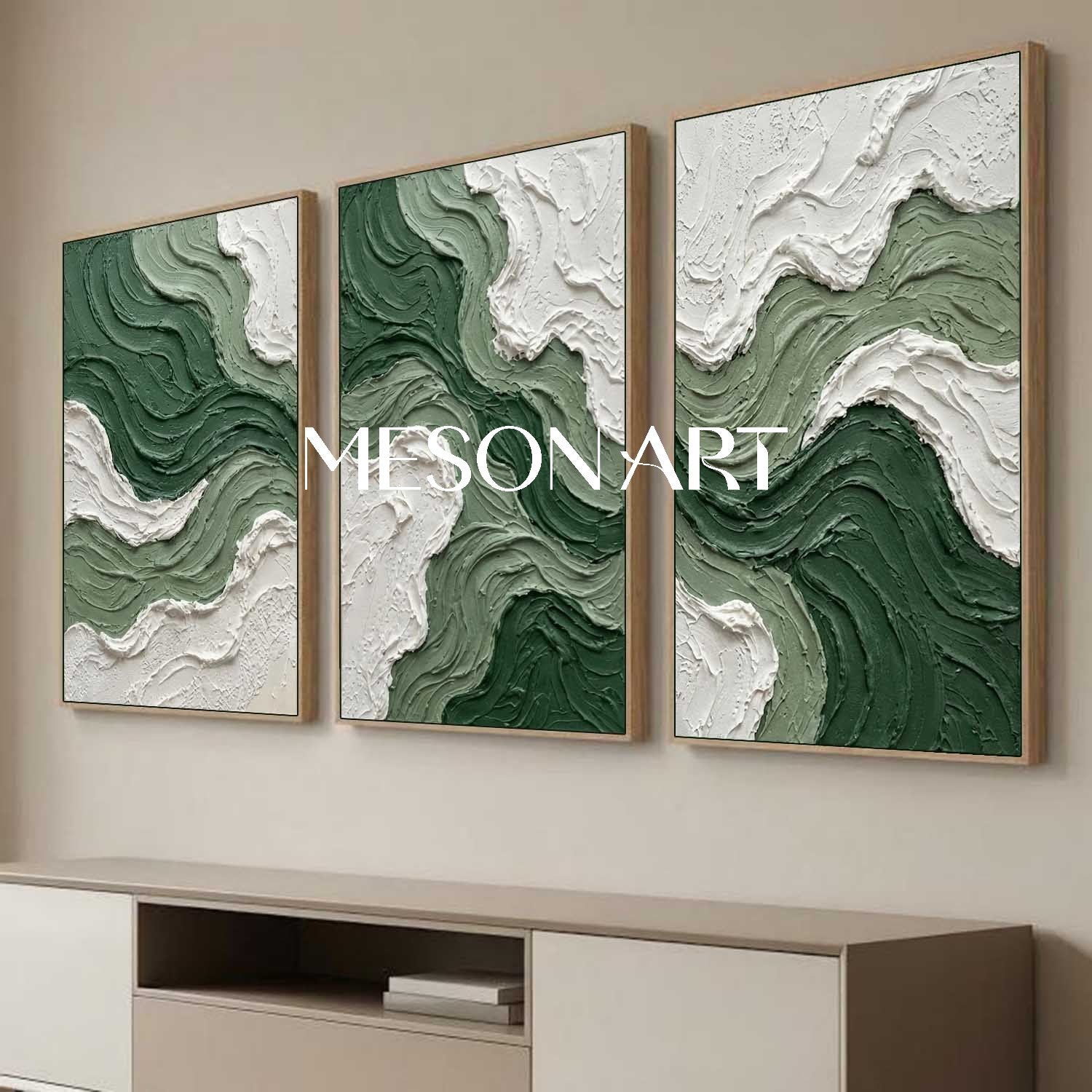 3D Green Sea Abstract Texture Painting 3-Piece Set Living Room Wall Art Decoration