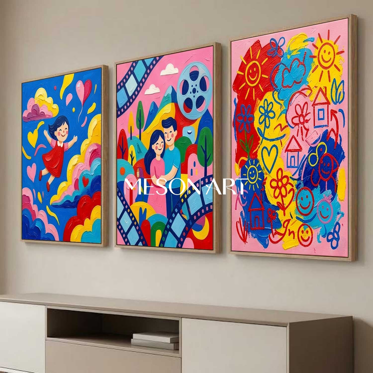 Original Kids Triptych Wall Art Modern Pop Art Canvas Set Colorful Contemporary Family Artwork