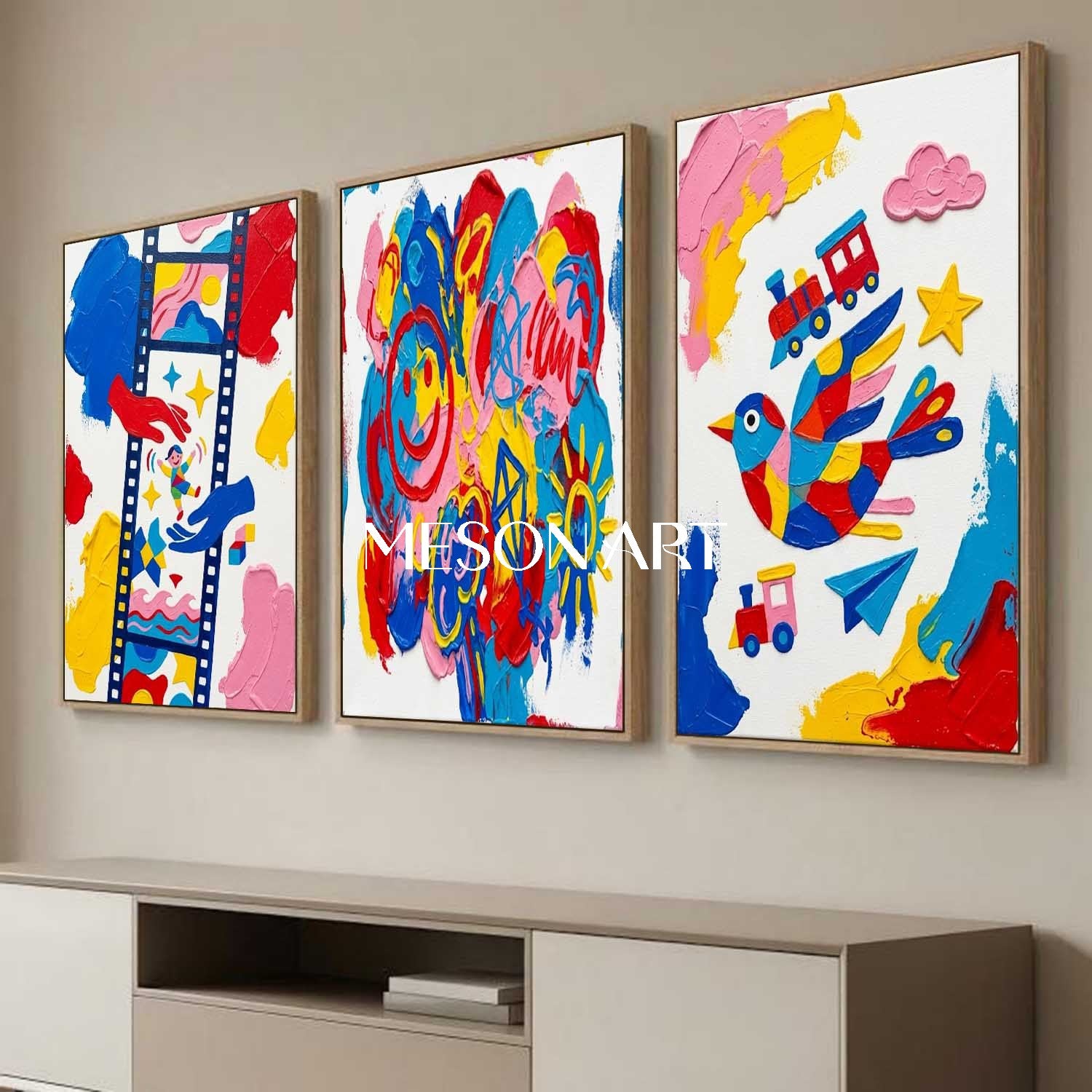 Original Kids Wall Art Set of 3 Modern Pop Art Canvas Colorful Contemporary Triptych