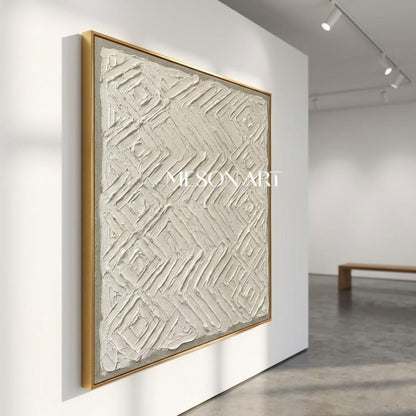 Handmade Textured Canvas Art White Aztec Relief With Gold Frame Neutral Boho Decor For Living Room