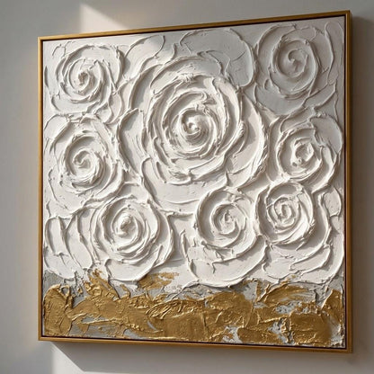3D Textured White Rose Canvas Art | Gold Foil Plaster Painting