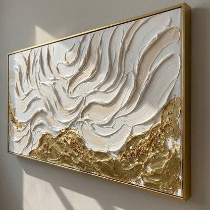 Panoramic 3D Textured Abstract Canvas Art | Gold Wave Wall Decor