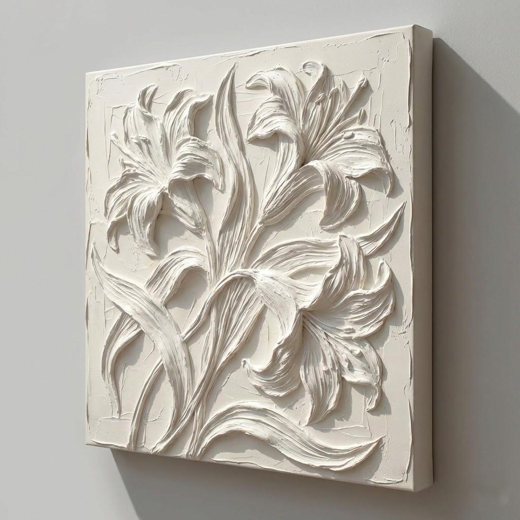 3D Lily Flower Textured Wall Painting, Lily Flower Plaster Canvas Art