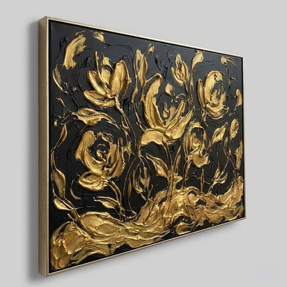 Horizontal Black And Gold Abstract Sketch Art | 3D Floral Line Decor