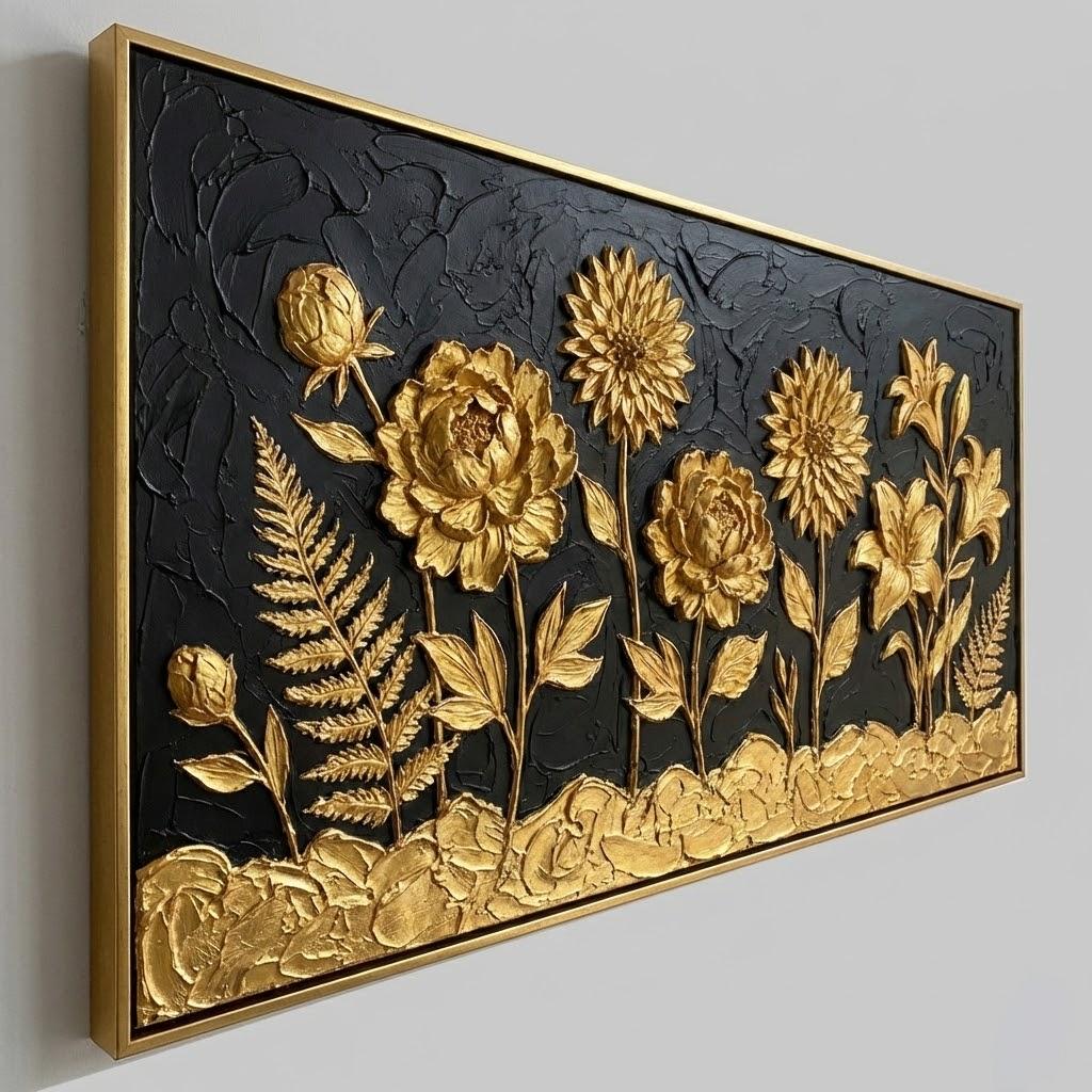 Black And Gold Panoramic 3D Peony Art | Sunflower & Lily Decor