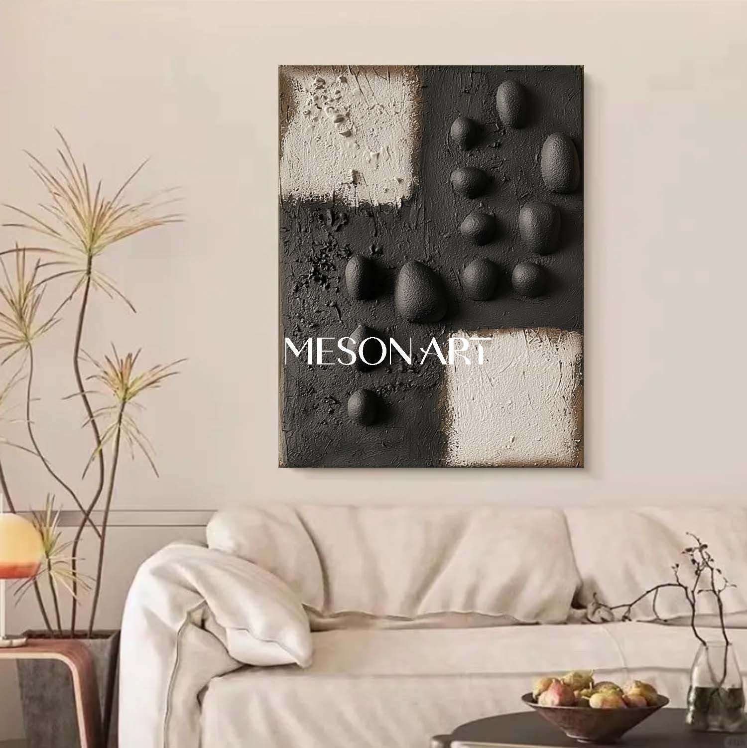 Handcrafted Monochrome 3D Texture Art – Unique Black & White Wall Accent for Modern Dining Rooms