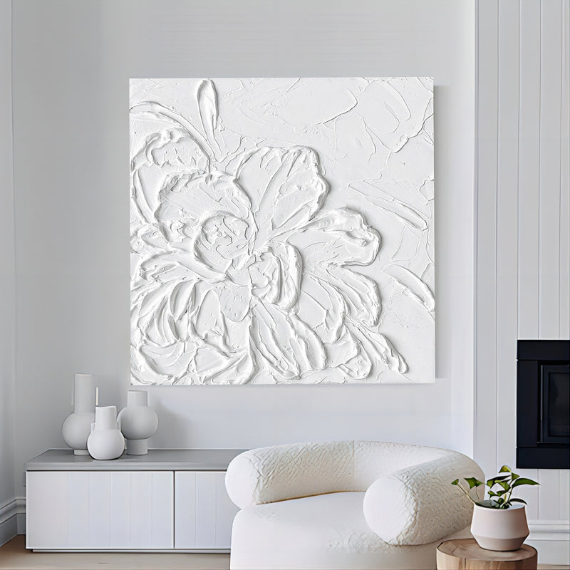 White Flowers Plaster Canvas Art Abstract Plaster Wall Art Flowers Acrylic Painting