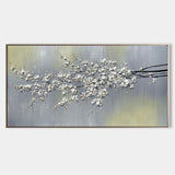 Large White 3D Flowers Painting Panoramic White Flowers Wall Art Flowers Textured Acrylic Painting Flowers Plaster Art