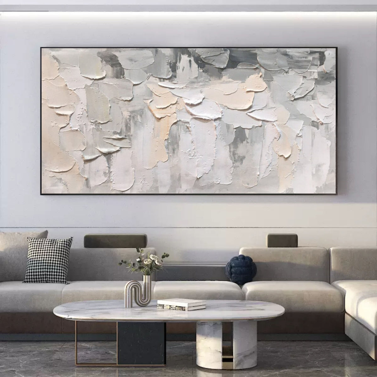Oversized Horizontal Gray and Beige 3D Abstract Canvas Art Wabi-Sabi ...