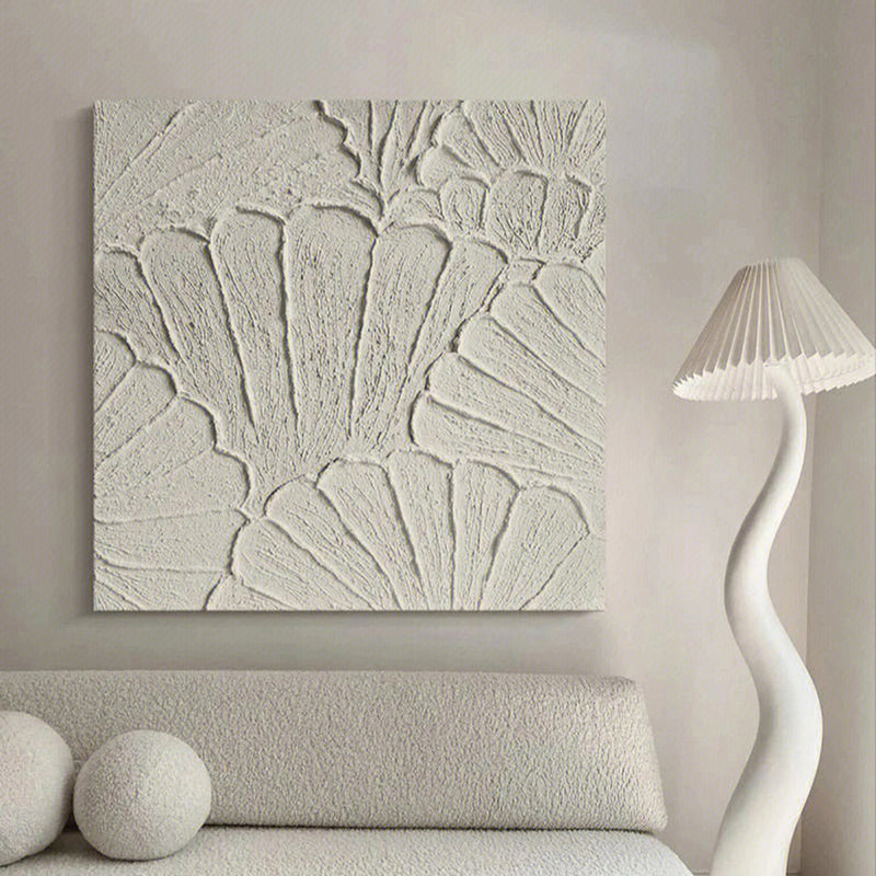 White flower petal Textured Canvas painting 3D plaster art White Abstract Minimalist